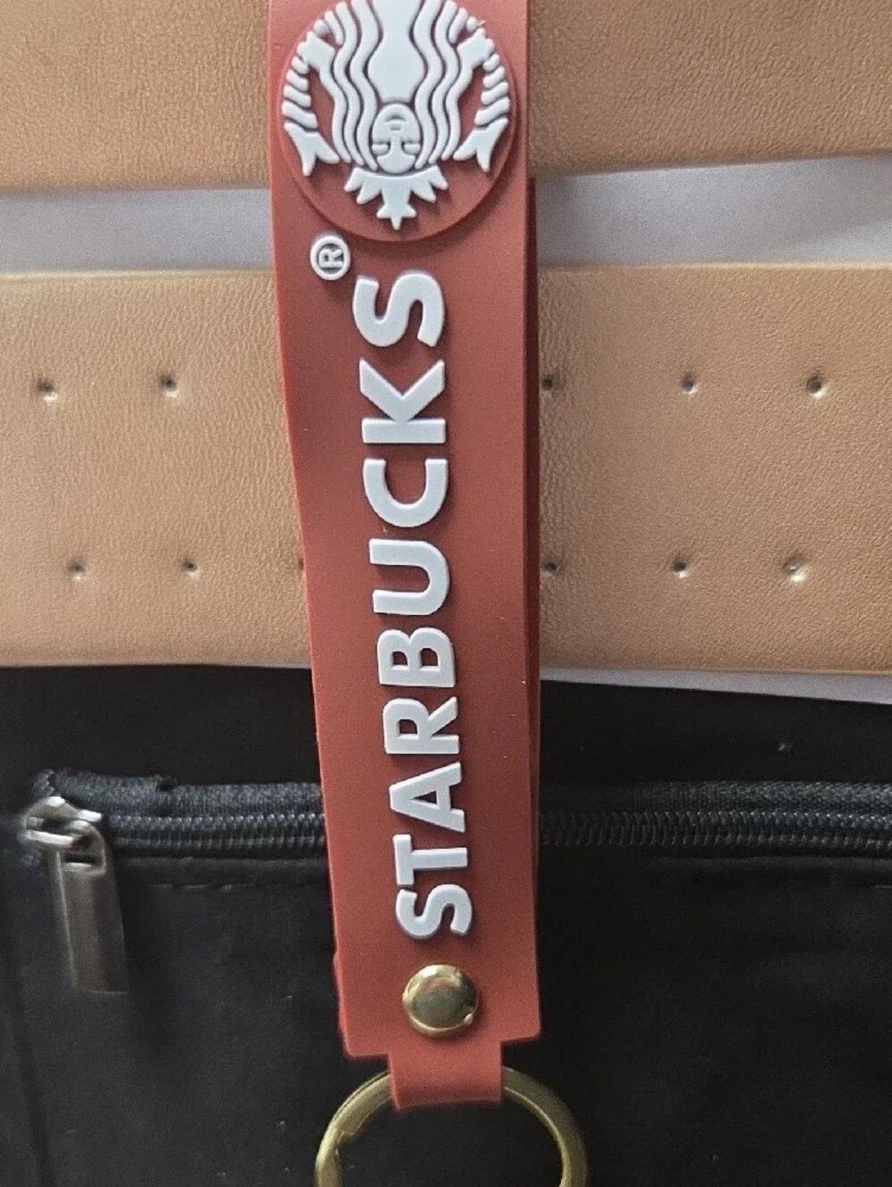 Starbucks Tan and White Coffee Cup Keychain Card Holder Strap